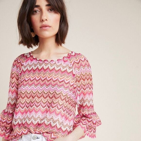 Anthropologie Eva Franco Lorelle Blouse Womens Small Pink Chevron 60's 70's Top - Picture 1 of 7